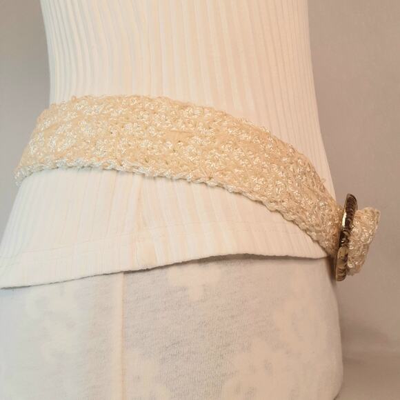 Boho Hancrafted Crochet Cream Belt XL Waist Statement Buckle Beige Net Covering - Picture 4 of 10